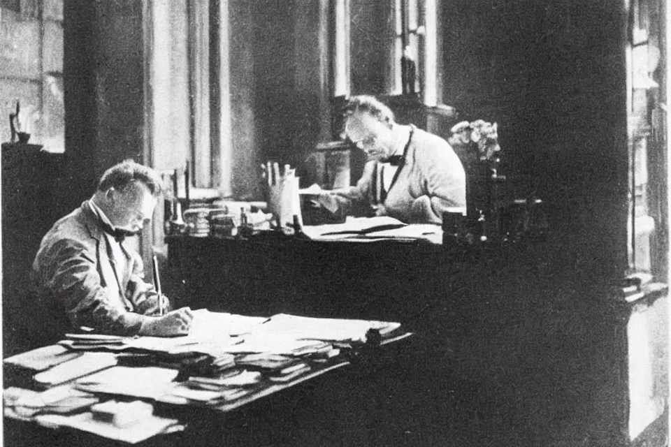 Prompt: august strindberg writing alone at a secretary desk in a small viennese apartment, night time, alone, lamplight, victorian era, depth of field