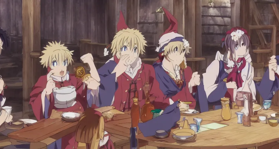 Prompt: Kyoto Animation anime still of a D&D party consisting of a human, an elf and a dwarf drinking in a tavern.