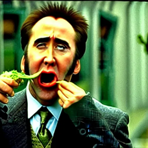 Image similar to nicolas cage screaming with a mouth full of peas, movie still, the wicker man