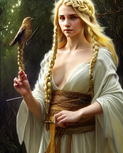 Prompt: blonde braided hair young mage wearing a heavy cloak and chemise enchanting a bird in the forest, fantasy character portrait, ultra realistic, intricate, elegant, highly detailed, digital painting, artstaion, smooth, sharp, focus, illustration, art by artgerm and greg rutkowski and alphonse mucha