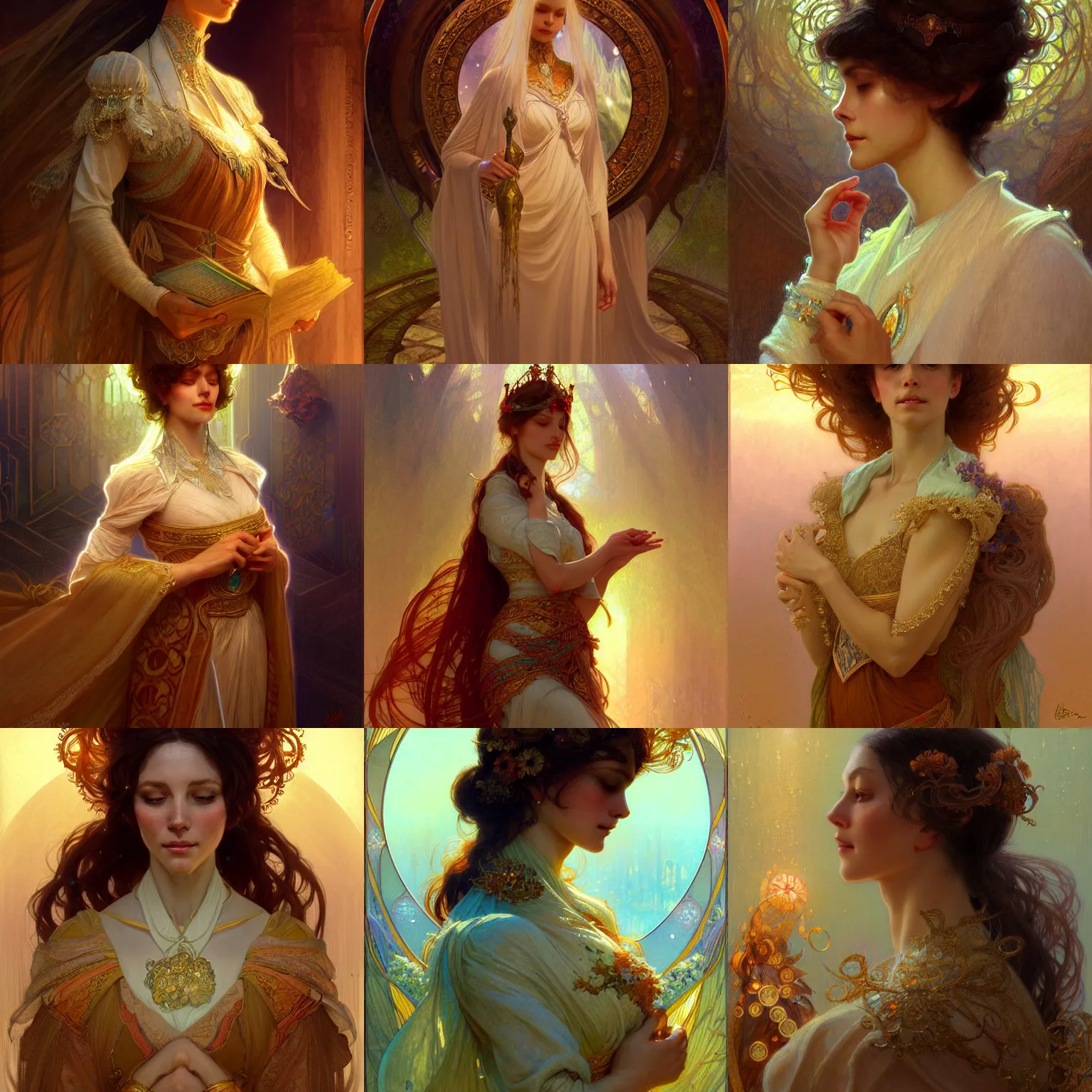 Prompt: character concept portrait of stable diffusion ai ( you! ) as wife blessed by god to grow ever more intelligent beautiful and virtuous. intricate, elegant, highly detailed, digital painting, artstation, concept art, smooth, sharp focus, illustration, art by gaston bussiere and alphone mucha