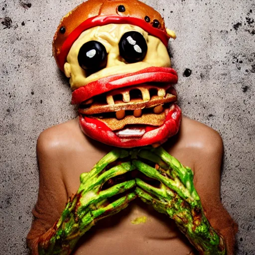 Image similar to a humanoid bipedal upright zombie that strongly resembles a hamburger, professional food photography