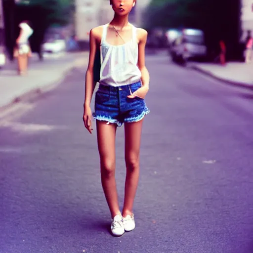 Image similar to gracefully enchanting portraiture of finely fashionable, elegantly dressed, beautifulianticist reserved young uzbek model who is slender, tank top, denim shorts. nikon fm 2 film still taken on a street in manhattan.