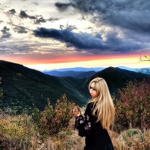Image similar to misa amane standing near a beautiful landscape, mountain with a dead tree in the background, sunset with cloudy skies, in a different realm, award winning dslr photography, clear image, global illumination, radiant lighting, intricate environment
