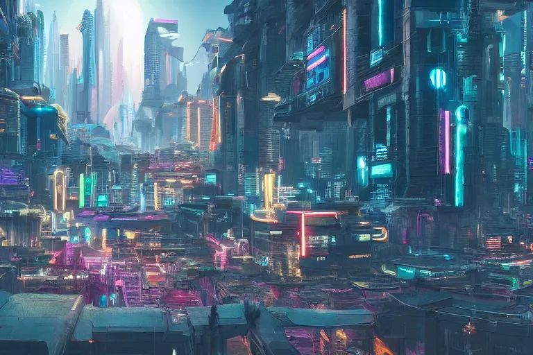 Image similar to optimistic bright utopian futuristic cyberpunk city, daytime, extremely realistic, extremely detailed