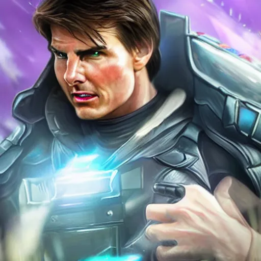 Image similar to Tom Cruise as a character in the game League of Legends, with a background based on the game League of Legends, detailed face