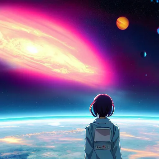 Prompt: An anime girl in a spacesuit in awe at the beauty of the universe 4k