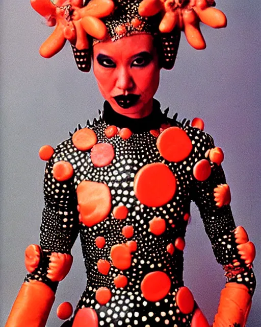 Image similar to portrait of a skinny punk goth yayoi kusama wearing armor by simon bisley, john blance, frank frazetta, fantasy, thief warrior, floral flowers colorful coral porcelain