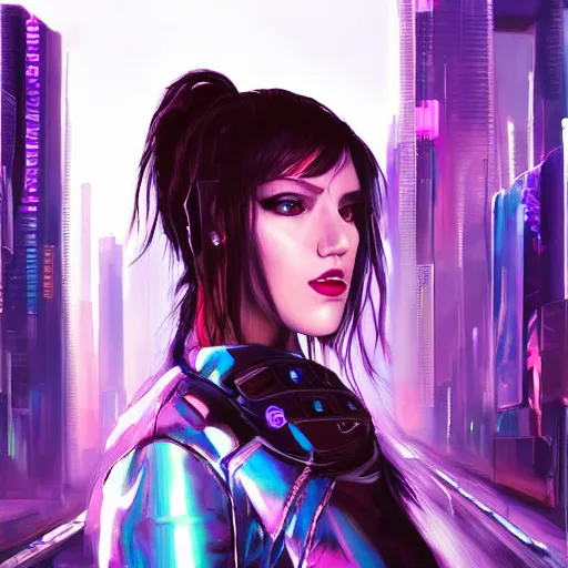 Image similar to a hyperrealistic painting of a beautiful girl, cyberpunk, highly detailed, sharp focus, synthwave