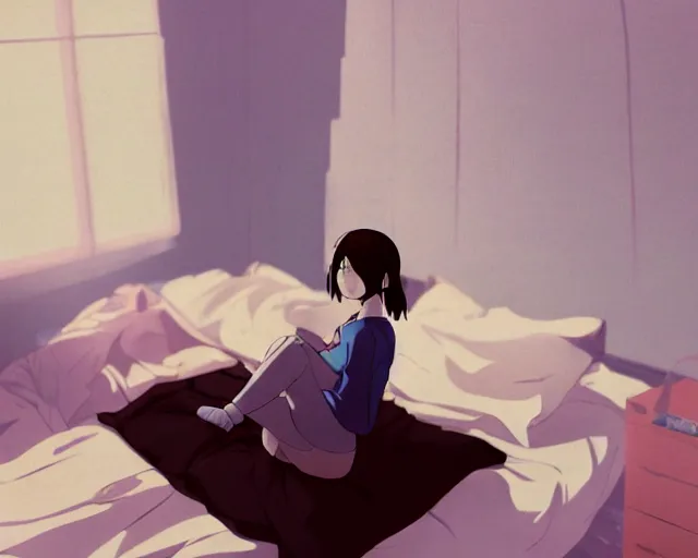 Prompt: a film still of lone anime girl in white tshirt is sitting on poor bed in pale colors room in dark russian flat, anime, cinestill, ilya kuvshinov