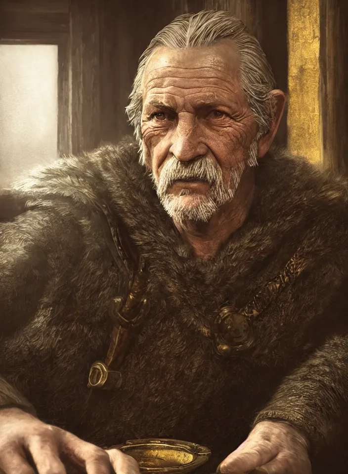 Prompt: a closeup portrait of an older man from skyrim sitting in a tavern, fantasy setting, tavern environment, serene colors, soft lighting, atmospheric, cinematic, moody, in the style of diego koi, gina heyer, luiz escanuela, art by alyssa monk, depth, hyperrealism, rule of thirds, golden ratio, oil on canvas, 8 k