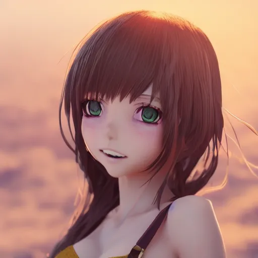 Image similar to Render of a very beautiful 3d anime girl, long hair, hazel eyes, cute freckles, full round face, short smile, cute sundress, golden hour, serene beach setting, medium shot, mid-shot, highly detailed, trending on Artstation, Unreal Engine 4k