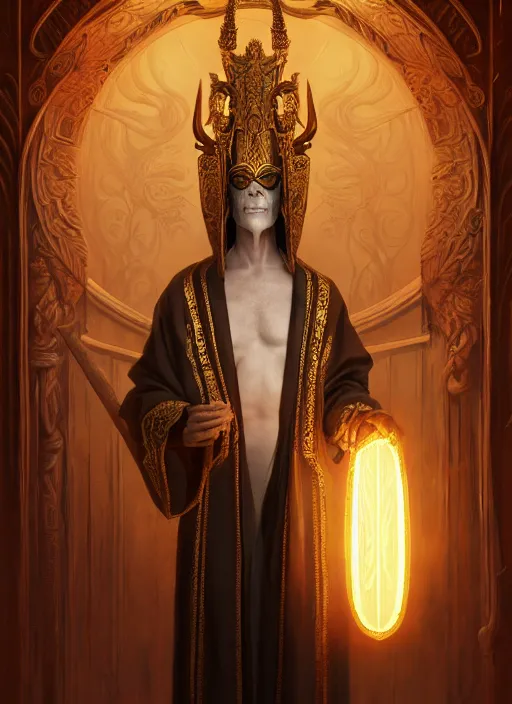 Image similar to slender high priest in a dark ornate robe, with a carved ivory mask, subsurface scattering, by jesper ejsing, justin gerard, tomasz alen kopera, cgsociety and fenghua zhong, highly detailed, rim light, cinematic lighting, illustration, art, octane render, very coherent, cinematic, high detail, octane render, 8 k