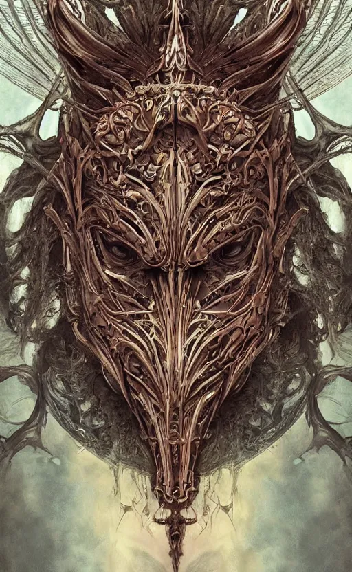 Image similar to Elden Ring themed painting of hybrid majestic aztec warrior fantasy biomechanical human beautiful immortal angel symmetrical face angry mask closeup face breathing mask tattoo pattern golden ratio concept, deep forest psytrance Neo-Gothic concept, infinity glyph waves, intricate artwork masterpiece, very coherent artwork, cinematic, full frontal facial features by Artgerm, Takato Yamamoto, Zdizslaw Beksinski, Johnatan Wayshak, Moebius, Ayami Kojima, very coherent artwork, trending on cgsociety, ultra high quality model, production quality cinema model, high detail chromatic ink outline, octane render, unreal engine 8k, hyper realism, high detail, octane render, unreal engine, 8k, High contrast