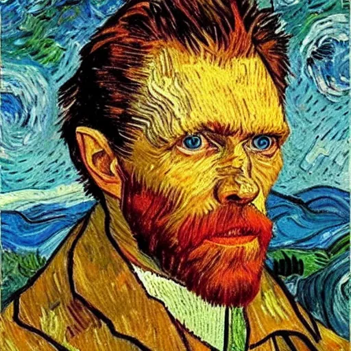 Image similar to willem dafoe as vincent van gogh, self portrait oil painting