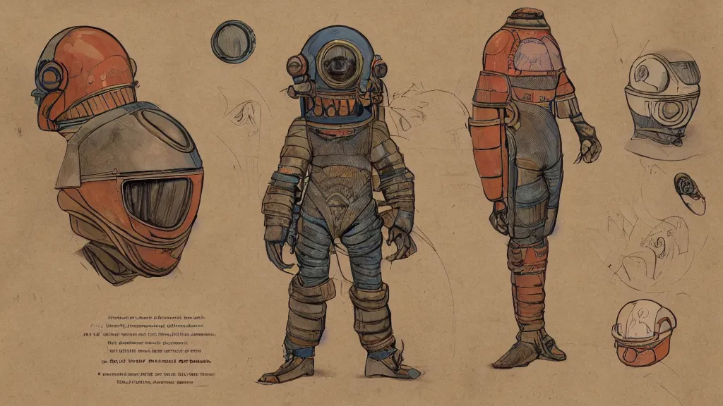 Image similar to aged paper, concept art, colorful character sheet for a male extraterrestrial warlord wearing victorian diving helmet, retrofuture, fantastic planet, moebius, valerian, coherent, illustration, digital art, trending on artstation, hd, 8 k, good lighting, beautiful, rough paper, masterpiece