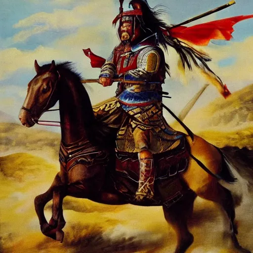 Prompt: Joe Biden as an ancient Mongolian warrior riding on horseback into battle, masterpiece oil painting, dynamic shot