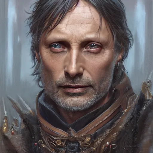 Prompt: Mads Mikkelsen as a fantasy D&D character, portrait art by Donato Giancola and Bayard Wu, digital art, trending on artstation, 4k