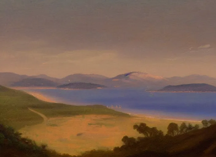 Prompt: san francisco bay in the style of hudson river school of art, oil on canvas