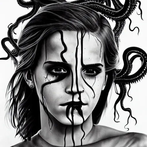 Image similar to emma watson's horror version. an unnatural abomination with long teeth, many tentacles, and gray skin. grunge, horror, dmt, dark and muted colors, detailed airbrush art, by yves klein