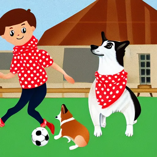 Image similar to illustration of french boy in paris playing football against a corgi, the corgi is wearing a polka dot scarf