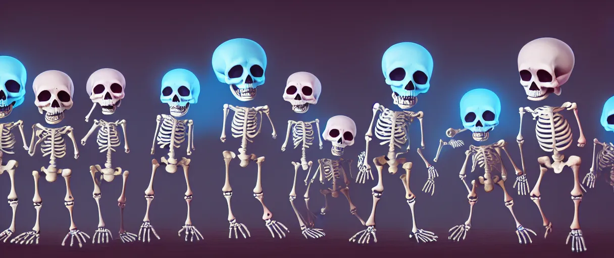 Image similar to hyperrealistic very cute multicolored skeletons breaking bones jason limon concept art dramatic blue lighting wide angle hd 8k sharp shallow depth of field