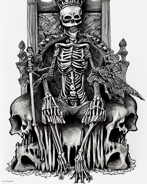 Image similar to pen and ink drawing of a skeleton king sitting atop a throne, by steve jackson and ian livingstone, highly detailed
