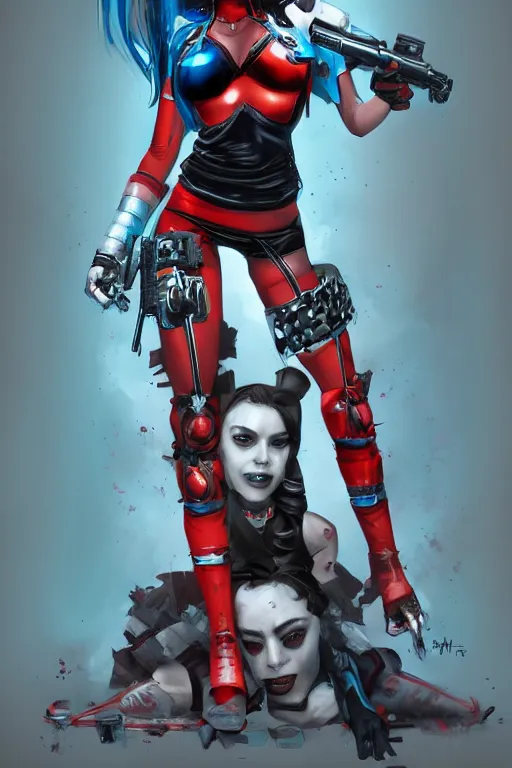 Image similar to portrait of Harley Quinn in bikini armor, dc comics, cyberpunk, Warhammer 40000, digital art from artstation