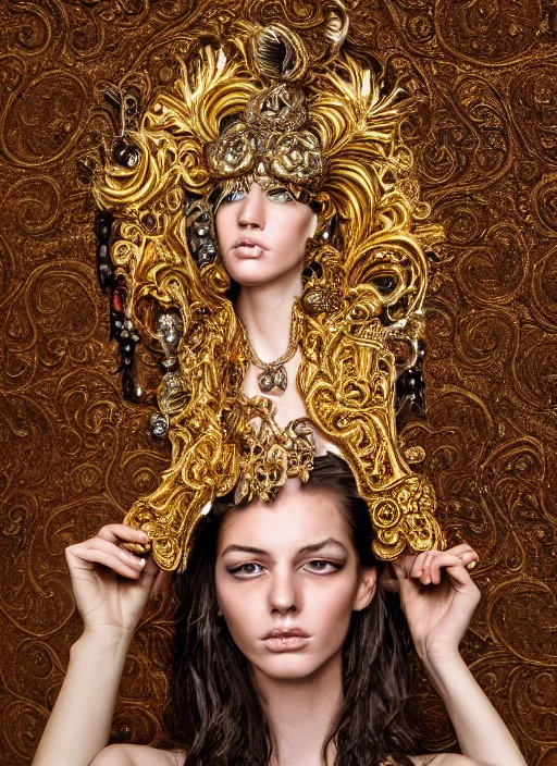 Image similar to a portrait of female model by stefan geselle, photorealistic, intricate details, hyper realistic, fantasy, elegant, ornate metal gold headpiece, photorealistic, canon r 3, photography, wide shot, symmetrical features, wide angle shot, head to toe, standing pose, feet on the ground, studio background, wearable art