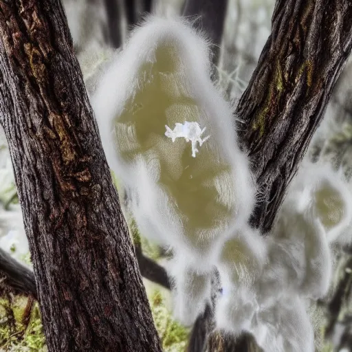 Prompt: bioluminescent white furry fungus growing on a dead tree, photorealistic, fungal, magic,