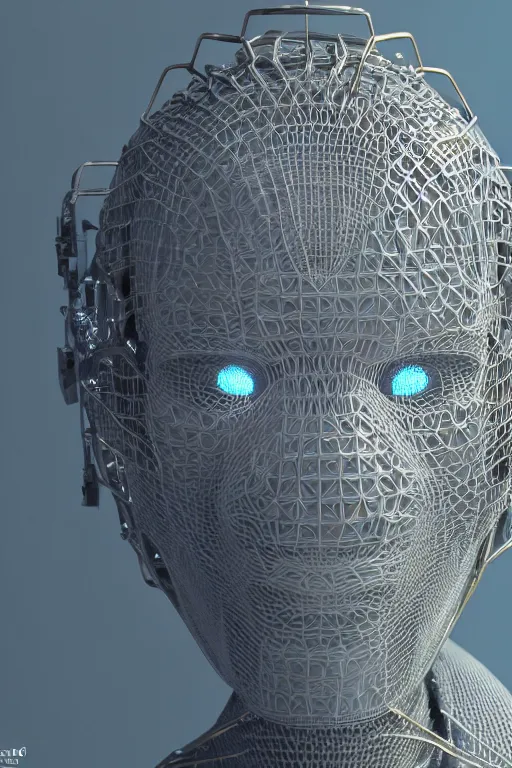 Prompt: intricate 3d render, ultra detailed, of a complex robotic human face, 3 point lighting, blue rim light, silver gold red details, hexagonal mesh wire, filigree intricate details, hyperrealistic, anatomical, robotic parts, fleshy muscalature, elegant, octane render, 8k post-processing