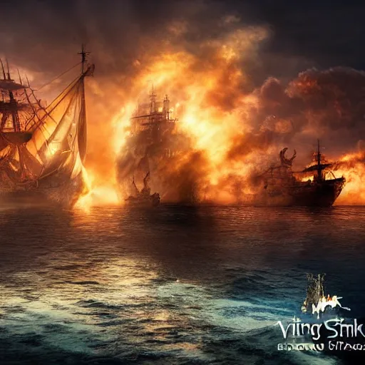 Image similar to An Epic viking sea battle at night, fire and smoke, realistic 4k octane beautifully detailed render, 4k post-processing, highly detailed, intricate complexity, epic composition, magical atmosphere, cinematic lighting, masterpiece, ultra hd