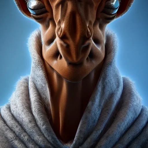 Image similar to a highly detailed portrait of a humanoid giraffe in a blue cloak, adventurer, artstation, deviantart, professional, unreal engine 5, octane render