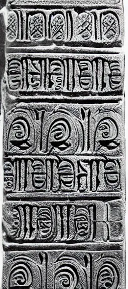 Image similar to ornate sumerian tablet, black and white, very ancient design