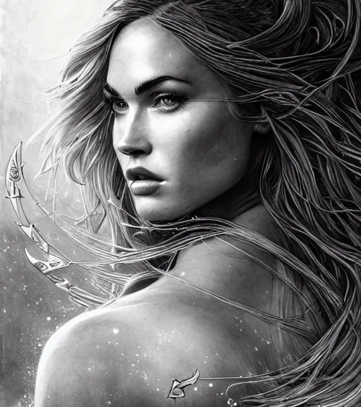 Image similar to portrait of megan fox as beautiful aphrodite goddess as an archer, arrow crown, beautiful piercing eyes, flowing blonde hair, realistic face, black and white drawing, in the style of greg rutkowski, fantasy, amazing detail, epic, intricate, elegant, smooth, sharp focus