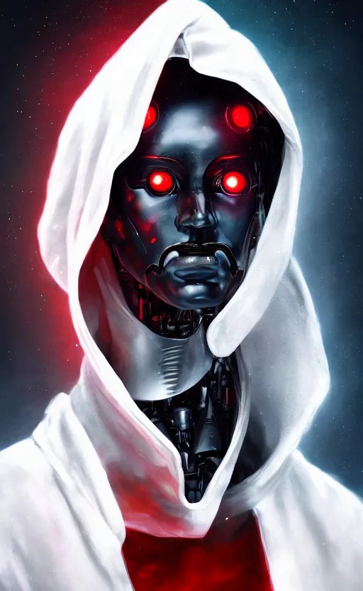 Image similar to face portrait of a robot in an all white hood and robe, with red glowing eyes, dynamic lighting, fantasy concept art, trending on art station, stunning visuals, creative, cinematic, ultra detailed
