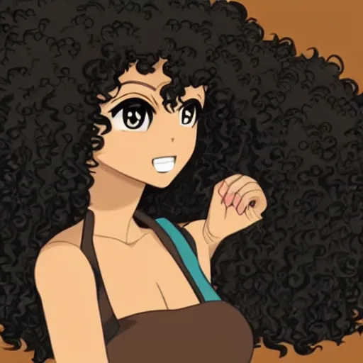 Prompt: A brown skinned woman with black curly hair as an anime character