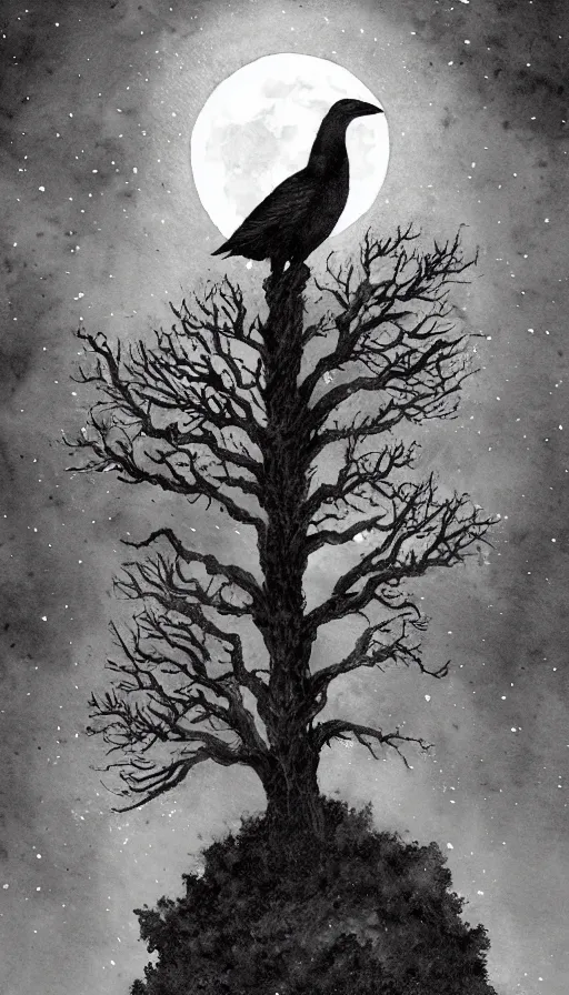 Image similar to book cover art, big crow on tree in front of the full big moon, watercolor, dramatic lighting, cinematic, establishing shot, extremely high detail, foto realistic, cinematic lighting, pen and ink, intricate line drawings, by Yoshitaka Amano, Ruan Jia, Kentaro Miura, Artgerm, post processed, concept art, artstation, matte painting, style by eddie mendoza, raphael lacoste, alex ross