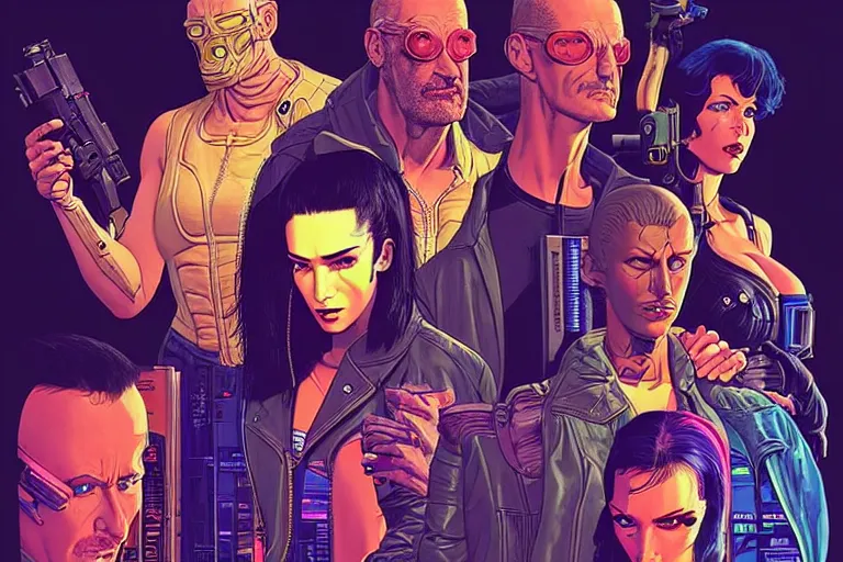 Image similar to cyberpunk heist crew. portrait by stonehouse and mœbius and will eisner and gil elvgren and pixar. character design. realistic proportions. dystopian. cyberpunk 2 0 7 7 character art, blade runner 2 0 4 9 concept art. cel shading. attractive face. thick lines. the team. detailed interesting characters.