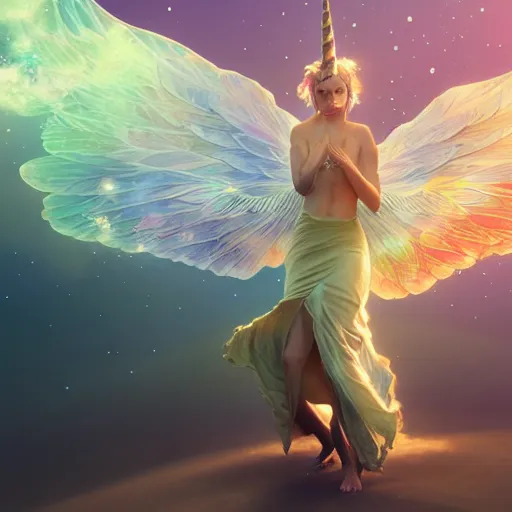 Image similar to an iridescent unicorn with translucent wings frolicking in a field of marijuana, a nebula is in the sky, art by artgerm and greg rutkowski and alphonse mucha, concept art, octane render, unreal engine 5, highly detailed, high quality, 8 k, soft lighting, realistic face, path traced