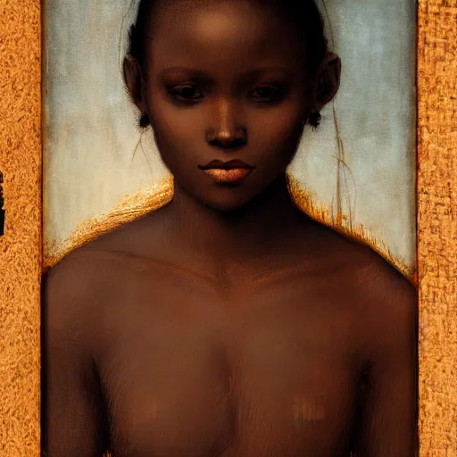 Image similar to a painting of a African girl by Leonardo da Vinci . dramatic angle, ethereal lights, details, smooth, sharp focus, illustration, realistic, cinematic, artstation, award winning, rgb , unreal engine, octane render, cinematic light, macro, depth of field, blur, red light and clouds from the back, highly detailed epic cinematic concept art CG render made in Maya, Blender and Photoshop, octane render, excellent composition, dynamic dramatic cinematic lighting, aesthetic, very inspirational, arthouse.
