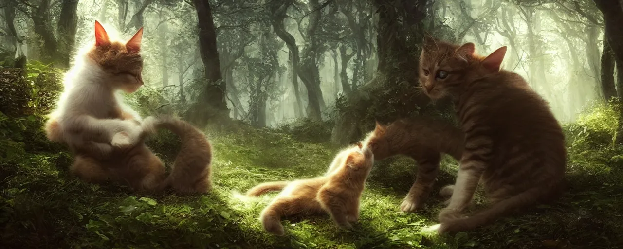 Image similar to a giant leaning down trying to pet a kitten with a magical forest background, beautiful dynamic lighting, cinematic, wide angle establishing shot, extremely high detail, photo realistic, cinematic lighting, post processed, concept art, artstation, matte painting, style by Anne-Louis Girodet , unreal engine 8k