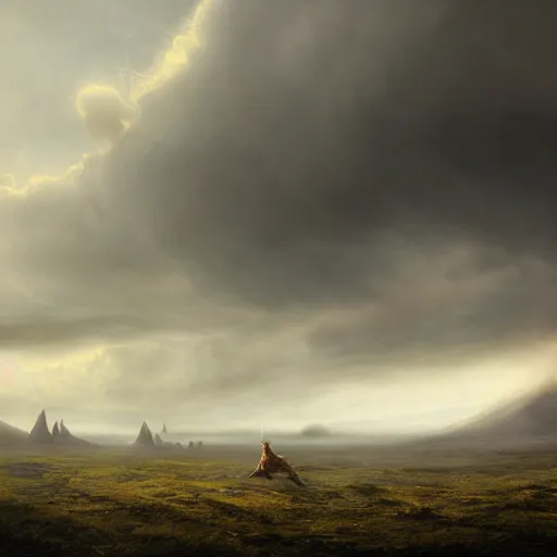 Image similar to giant monster by grzegorz rutkowski, atmospheric haze, stormy, tundra, princess in foreground, large scale