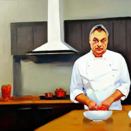 Image similar to viktor orban in his kitchen, oil painting