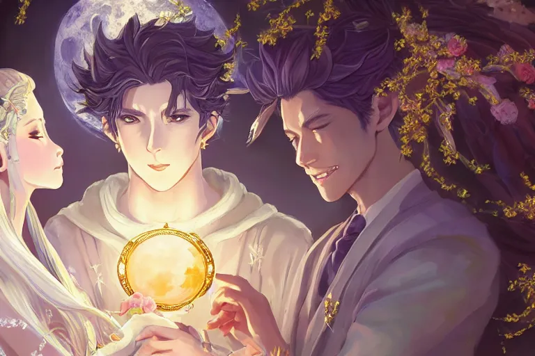 Prompt: a dreamlike portrait of wedding close up moment of a divine a japan sun god and moon goddess lovers magician at a wedding banquet. highly detailed, digital painting, fantasy wedding screen, 8 k realistic, hyper detailed, by makoto shinkai and akihiko yoshida and hidari and wlop