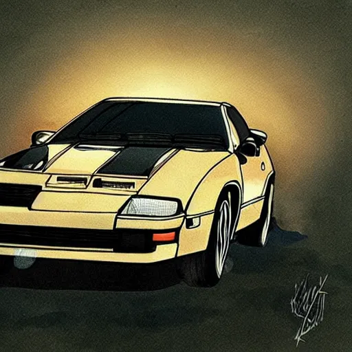 Image similar to pug dog driving a Nissan 300zx, Hayao Miyazaki, intricate detail, illustration, beautiful lighting,