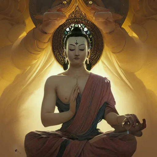 Image similar to Buddah, D&D, intricate, elegant, highly detailed, digital painting, artstation, concept art, matte, sharp focus, illustration, art by Artgerm and Greg Rutkowski and Alphonse Mucha]