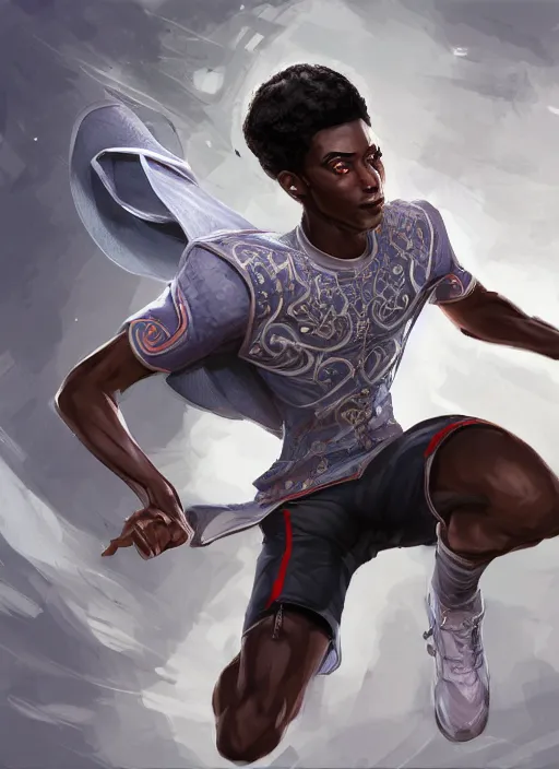 Image similar to a highly detailed illustration of attractive young african guy with short hair wearing track and field suit, heroic jumping pose, by greg rutowski, intricate, elegant, highly detailed, centered, digital painting, artstation, concept art, smooth, sharp focus, league of legends concept art, wlop