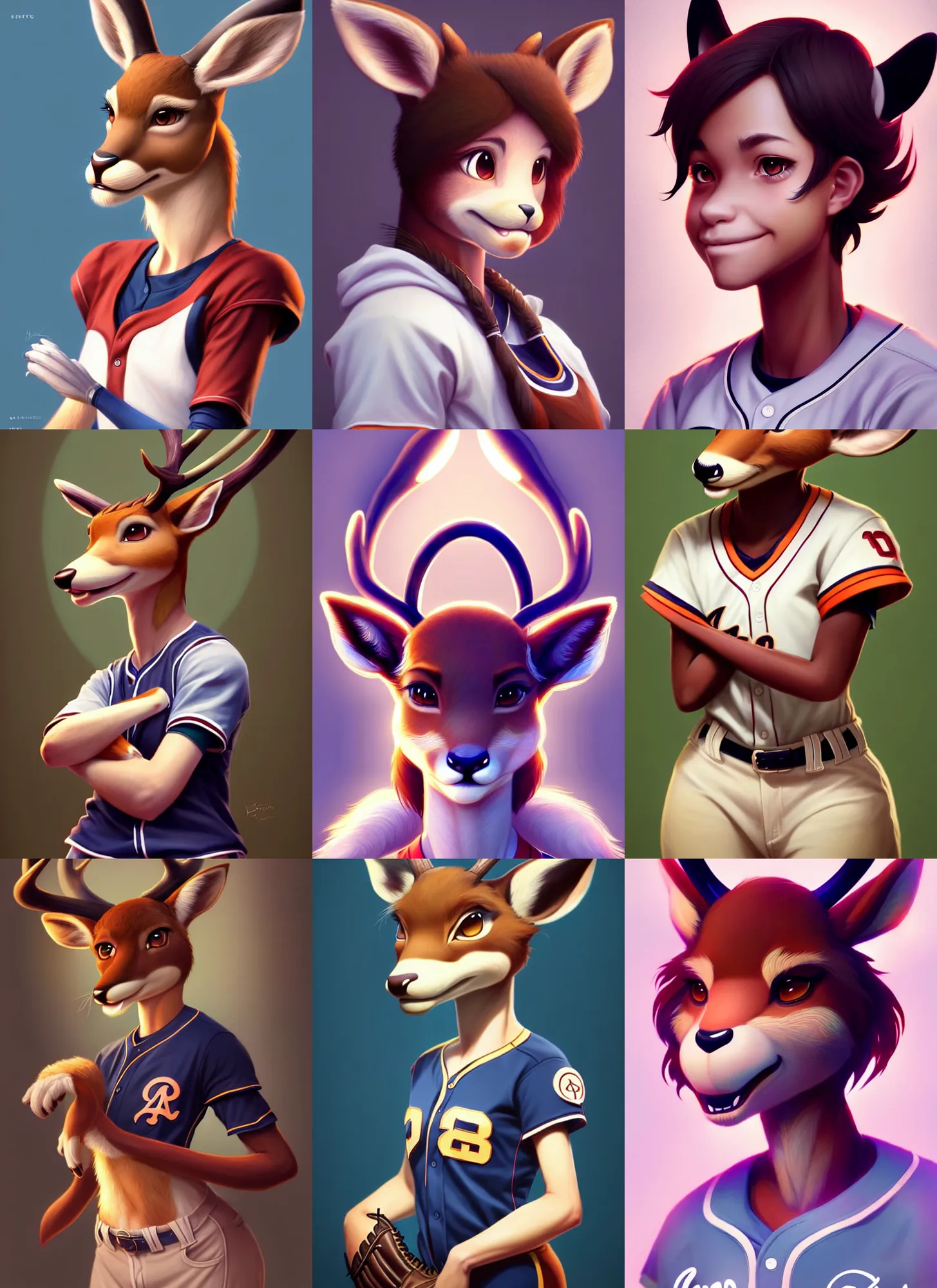 Prompt: beautiful portrait of a female anthropomorphic deer fursona baseball player. character design by disney, charlie bowater, ross tran, artgerm, and makoto shinkai, detailed, soft lighting, rendered in octane