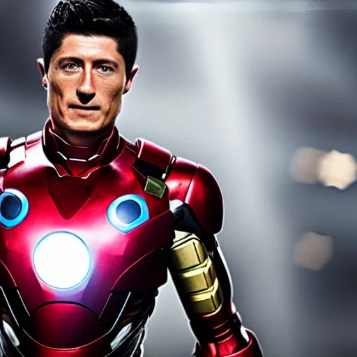 Prompt: Robert Lewandowski photorealistic face in ironman suit marvel superhero, 4k, detailed, pic, full body